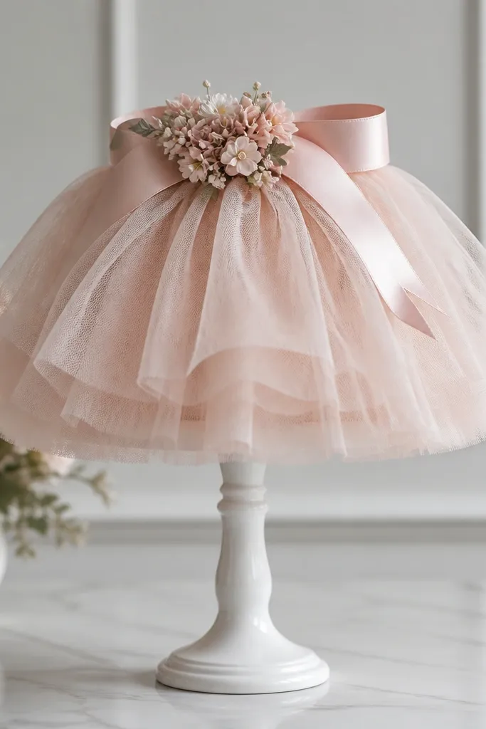 A tall white cake pedestal holding layered blush tulle draped like a mini skirt, with a satin ribbon loop and a cluster of faux mini flowers at the top.