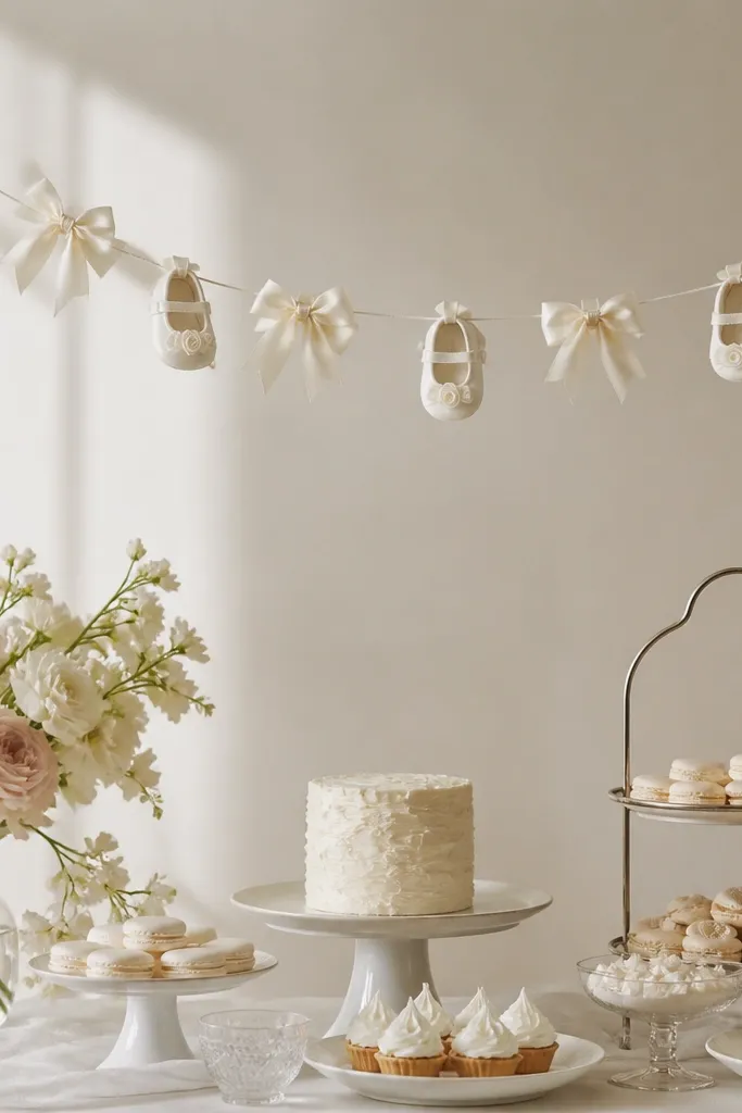 Small bridal-themed shoes and satin bows strung in a gentle arc on nearly invisible clear monofilament, hanging above a dessert table.