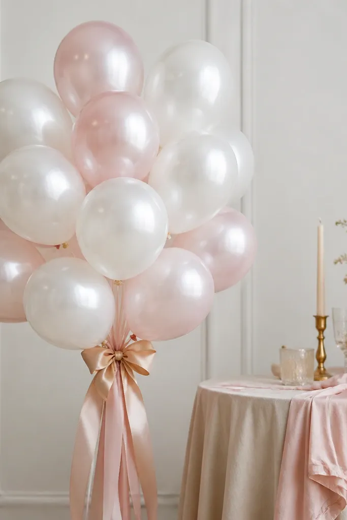 A cluster of white and blush balloons with pearl-like texture, tied together with satin blush ribbons and a small gold bow in the center, next to a table backdrop.