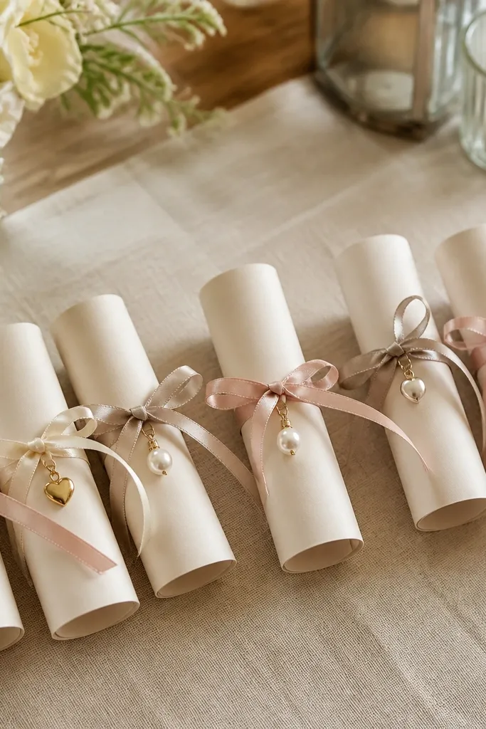 Place cards rolled and tied with thin satin ribbon, each with a tiny heart or pearl charm attached, arranged in a row on a linen table runner.