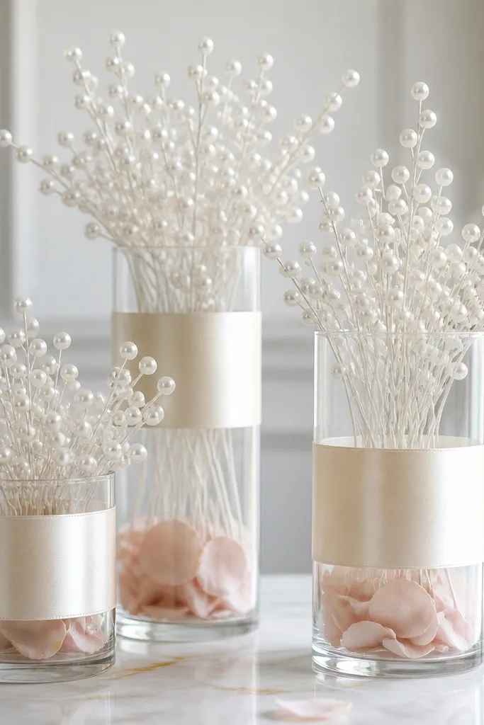 Clear glass vases wrapped with cream satin bands, each filled with white faux pearls on thin stems and a few blush petals at the base.