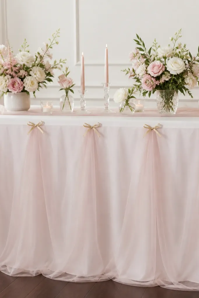 A white table skirt with a blush tulle overlay, finished with small gold pin bows evenly spaced along the front edge.