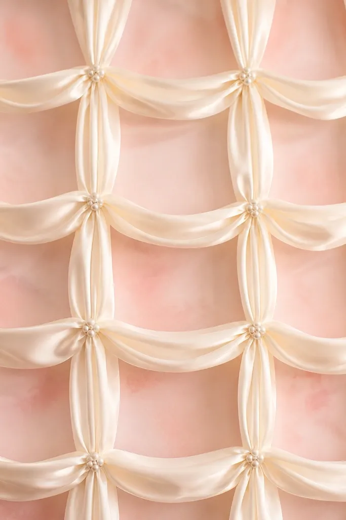 A wall backdrop made from satin ribbon draped in a grid pattern, with small pearl clips holding ribbon intersections and a soft blush color wash behind.