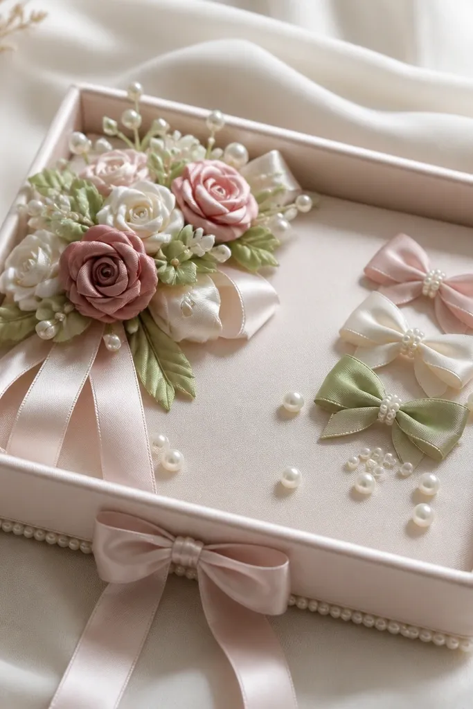 A decorative tray made from a shoe-box lid covered in satin, topped with a small bouquet of ribbon flowers, faux pearls, and a mini bow display.