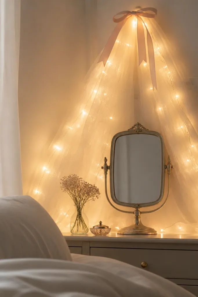 A bedroom corner wrapped with warm white fairy lights, draped in soft, sheer fabric like a veil behind a small mirror, with a satin ribbon tied at the top.