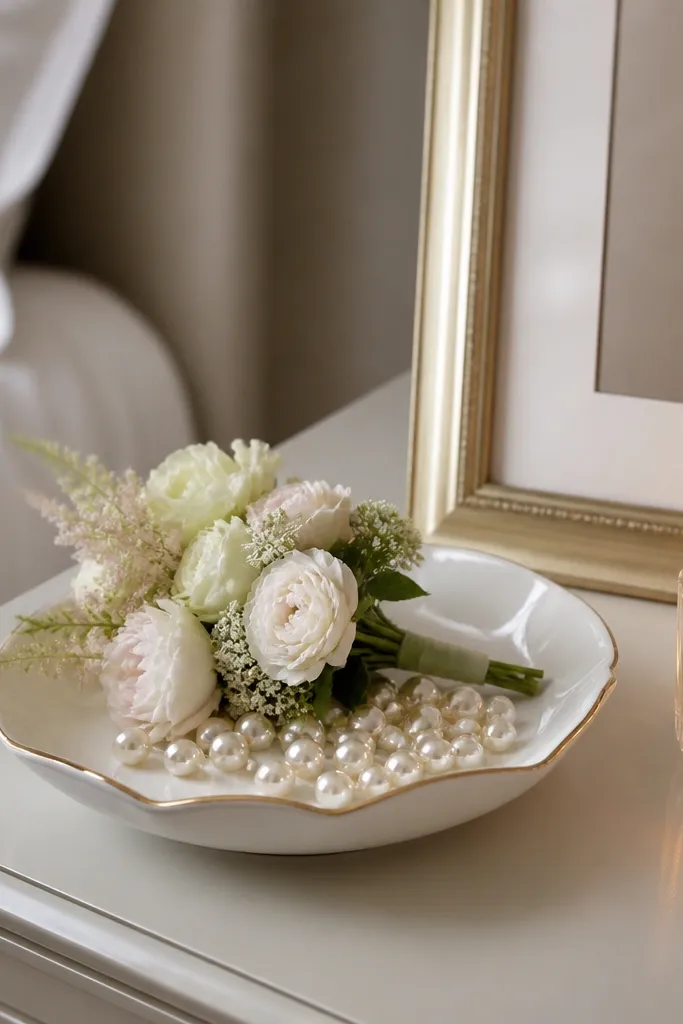 A white ceramic tray filled with pearls and a small bouquet, placed on a bedside table next to a framed “bride” card and a lit candle in a glass holder.