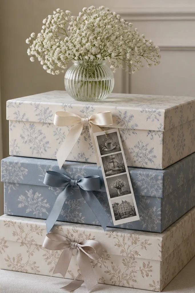 Three stacked decorative shoe boxes with satin bows and printed labels, topped with a small vase of baby’s breath and a mini photo strip hanging from a ribbon.