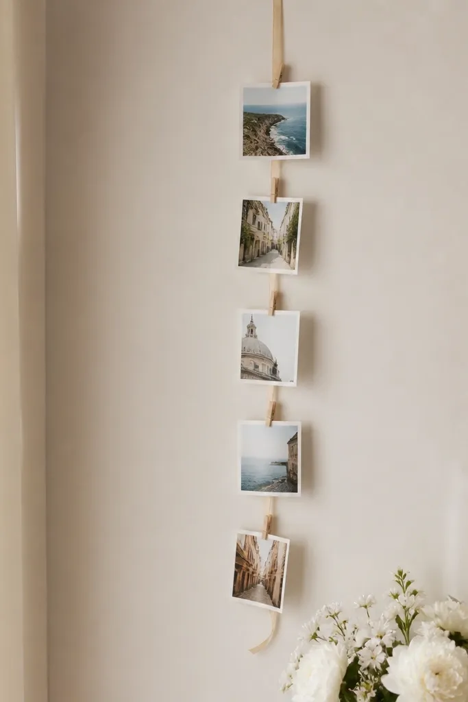 A vertical line of small photos clipped with mini clothespins to a thin ribbon across the wall, with a cluster of white flowers at the bottom.