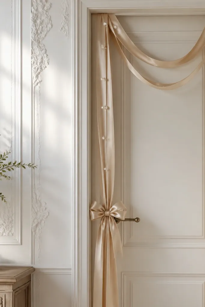 A doorway decorated with flowing champagne satin ribbon strands, tiny faux pearls spaced along the ribbon, and a small bow centered above the door handle.