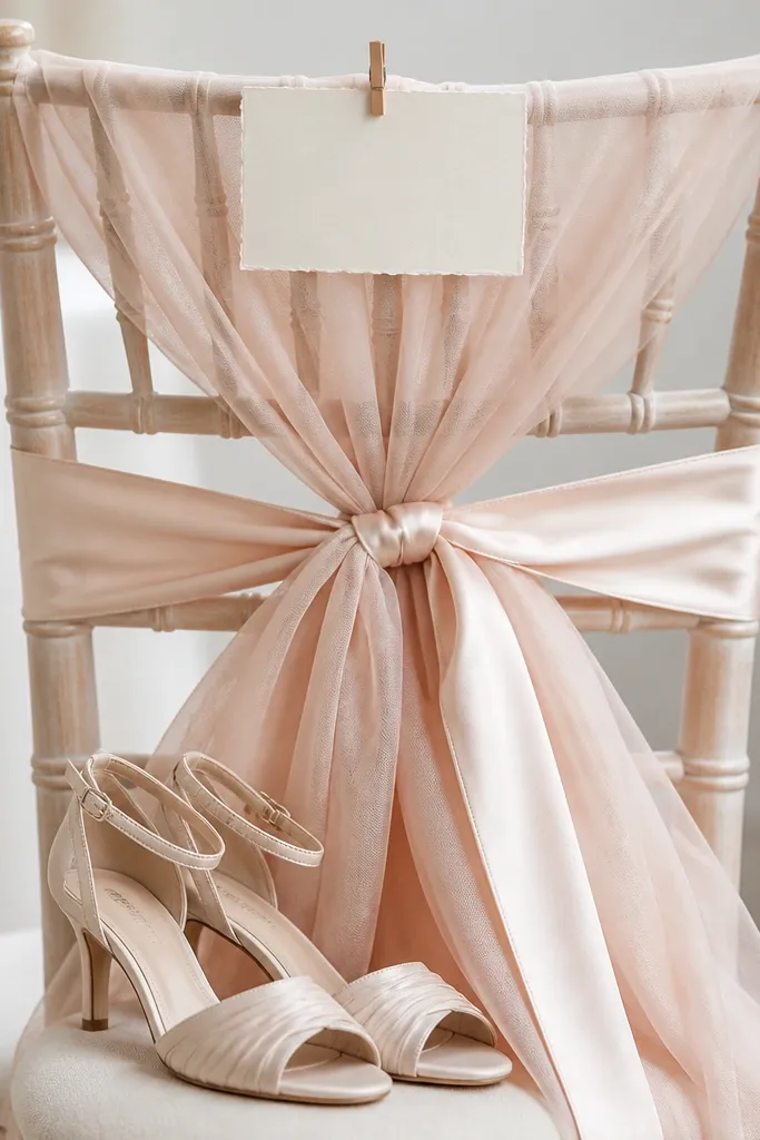 A chair back tied with blush tulle and a wide satin sash, with a small sign card clipped to the top and a pair of delicate heels resting on the seat.