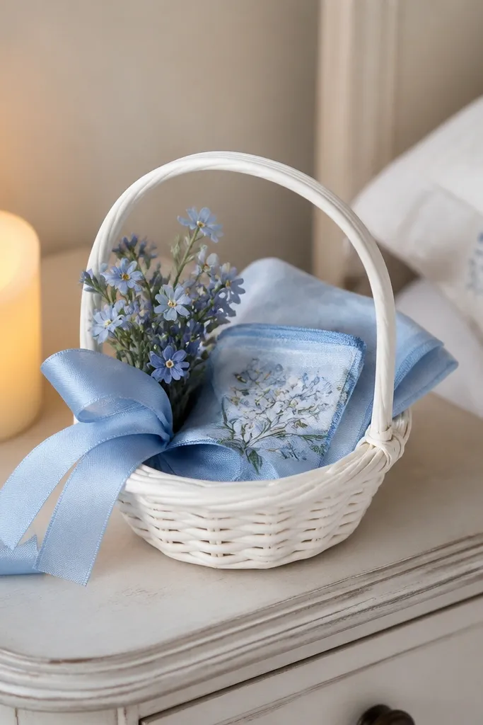 A small white basket on a bedside table filled with blue ribbon, mini blue flower stems, and a folded silk handkerchief, with a soft LED candle nearby.