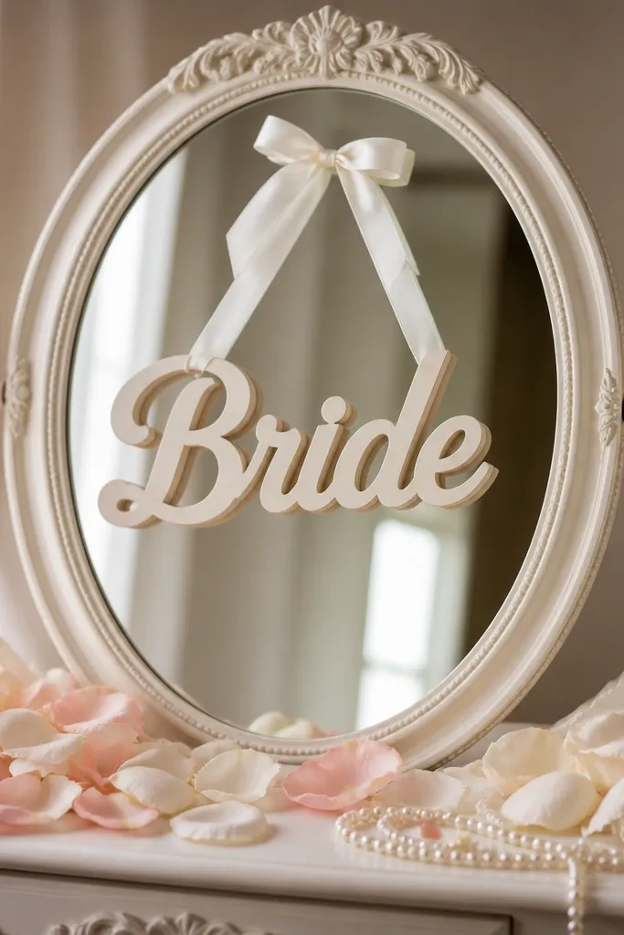 A vanity mirror with a “Bride” sign hanging by a satin ribbon, surrounded by scattered rose petals and a few pearl strands placed carefully along the bottom edge.