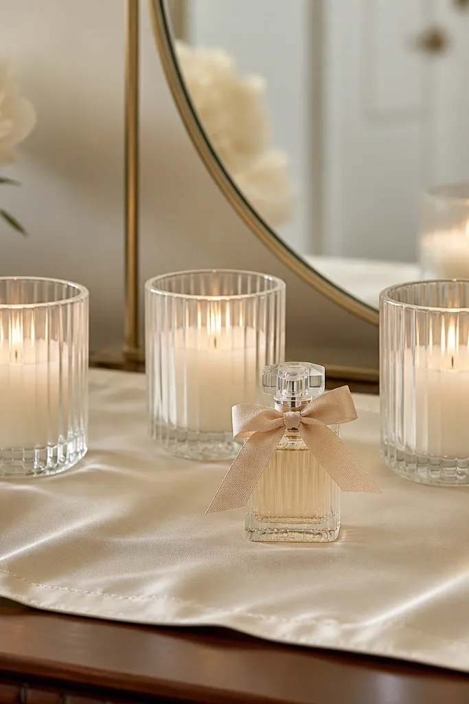 A vanity surface covered with a vanilla silk-look runner, three glass candle holders in a row, and a small perfume bottle centered with a ribbon bow.