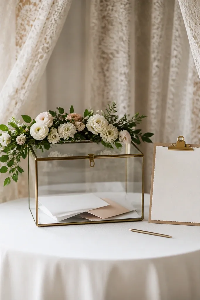 A small table framed by lace curtains draped behind it, with a clear envelope box, a floral garland on top, and a handwritten welcome card clipped to a clipboard.