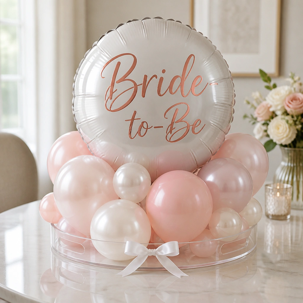 A tabletop cluster: one large foil “Bride-to-Be” balloon centered, surrounded by blush and pearl balloons on a round reusable acrylic tray with a small white ribbon bow.