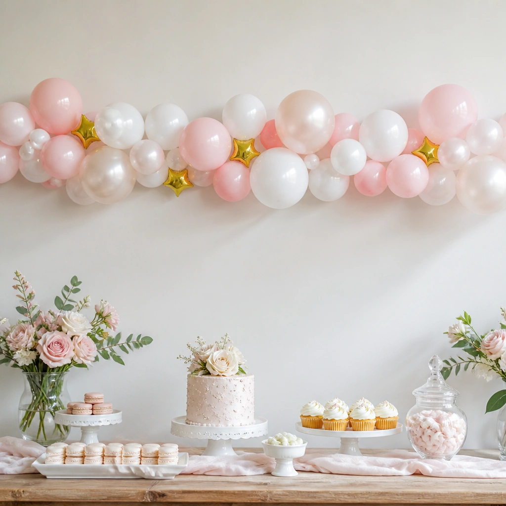 A long horizontal balloon garland strip above a dessert table: alternating blush, white, and pearl balloons with a few small gold star balloons, attached to a thin clear balloon line.