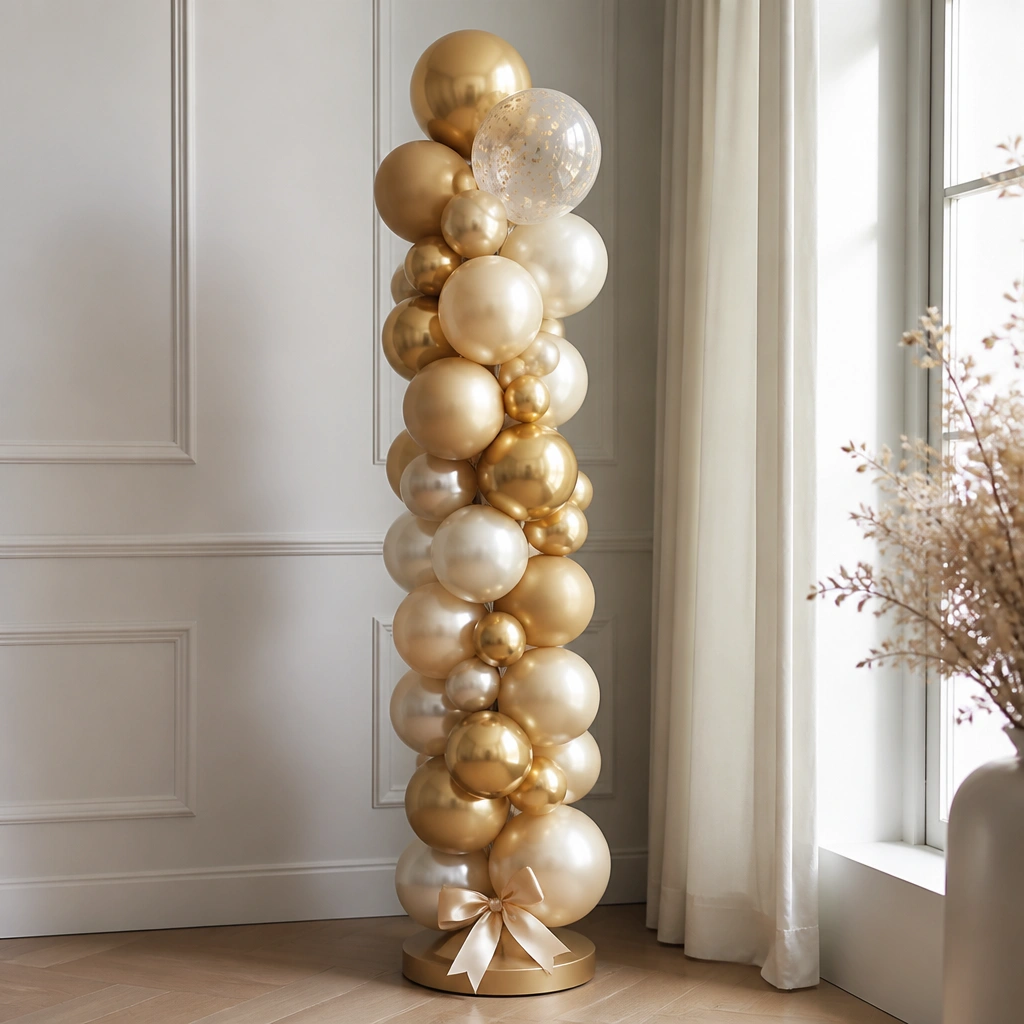 A tall balloon column standing on a weighted base: stacked balloons in champagne and metallic gold with one translucent balloon near the top, plus a small satin bow at the base.