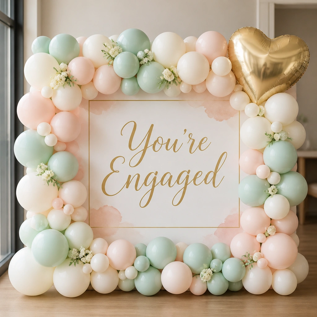 A rectangular balloon frame in pastel tones (mint, blush, cream) surrounding a printed sign that reads “You’re Engaged” with a small gold heart balloon in one corner.