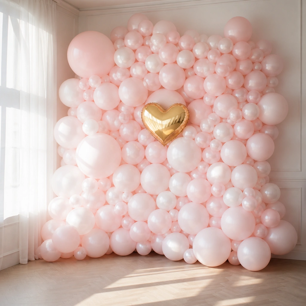 A soft pearl-pink balloon backdrop covering most of a wall corner, with a single metallic gold balloon shaped like a heart near the center.