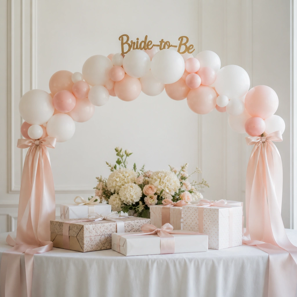 A semi-circle halo above a gift table: balloons in white and blush form a curved line, with wide satin ribbons draping down and a small “Bride-to-Be” topper at the center.