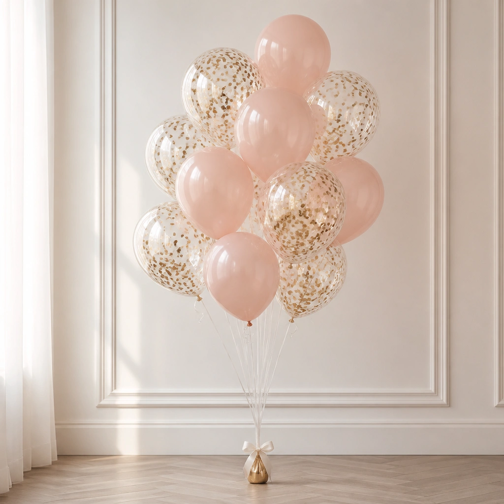 A cluster of transparent balloons filled with gold confetti, mixed with blush latex balloons; clear strings tie everything to a small gold weight and a white bow.