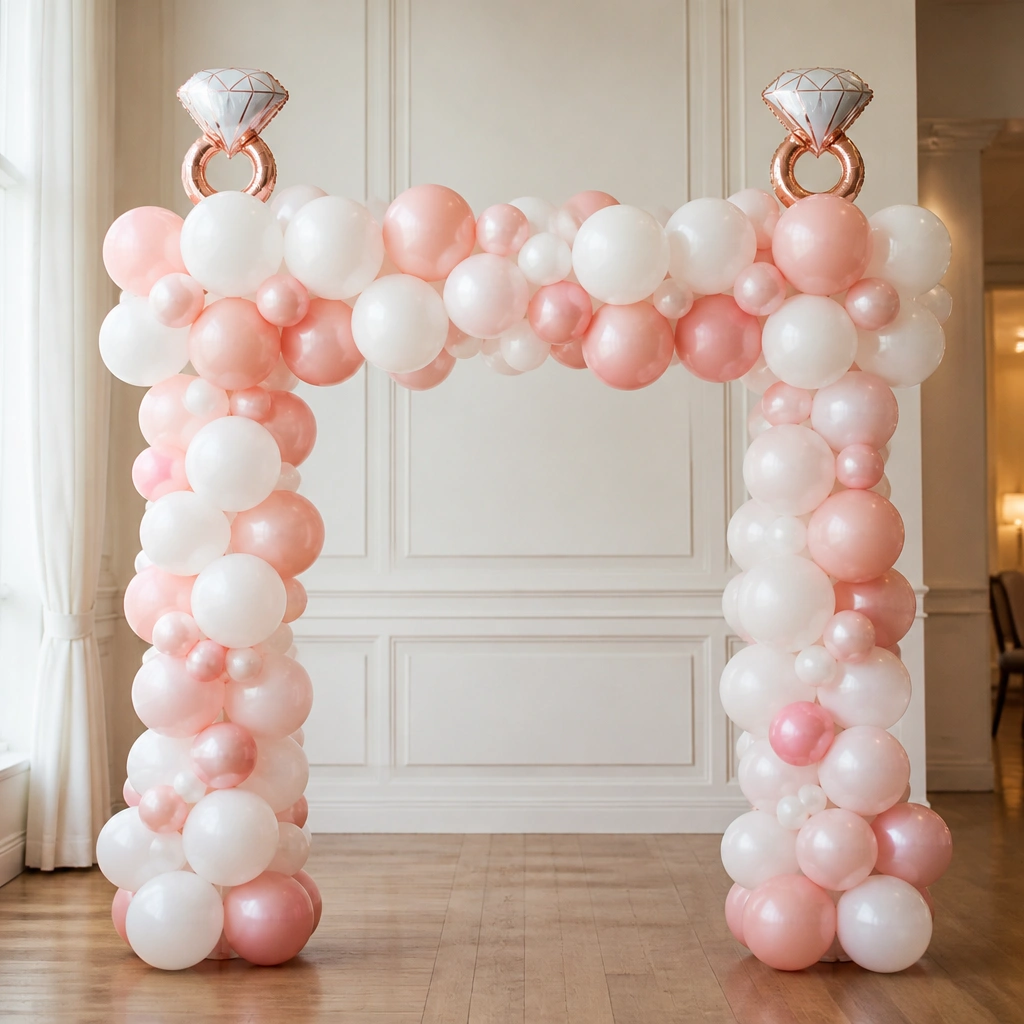 A simplified arch: two balloon columns on either side with a balloon crossbar connecting them, plus two small “Bride-to-Be” foil balloons on top.