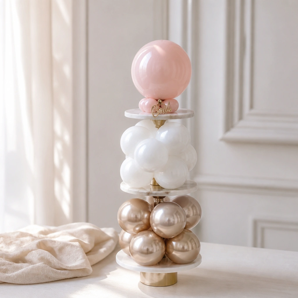 Three mini balloon groupings on small cake stands or risers: bottom group has champagne balloons, middle group has white pearls, top group has one blush balloon with a “Bride” charm.