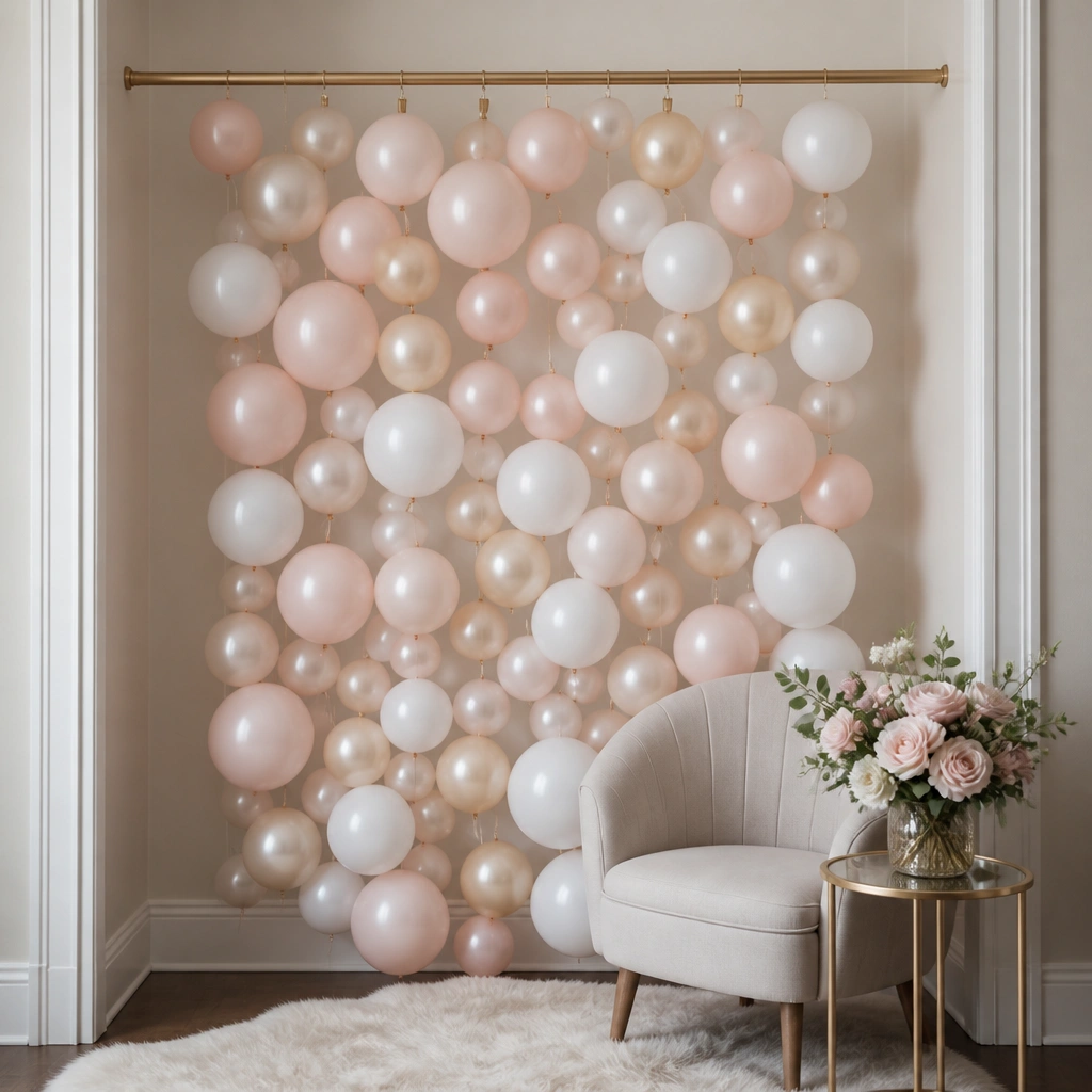 A photo booth corner with a tension rod across a doorway; balloons are clipped along the rod in clusters, forming a curtain-like backdrop in blush, white, and champagne.