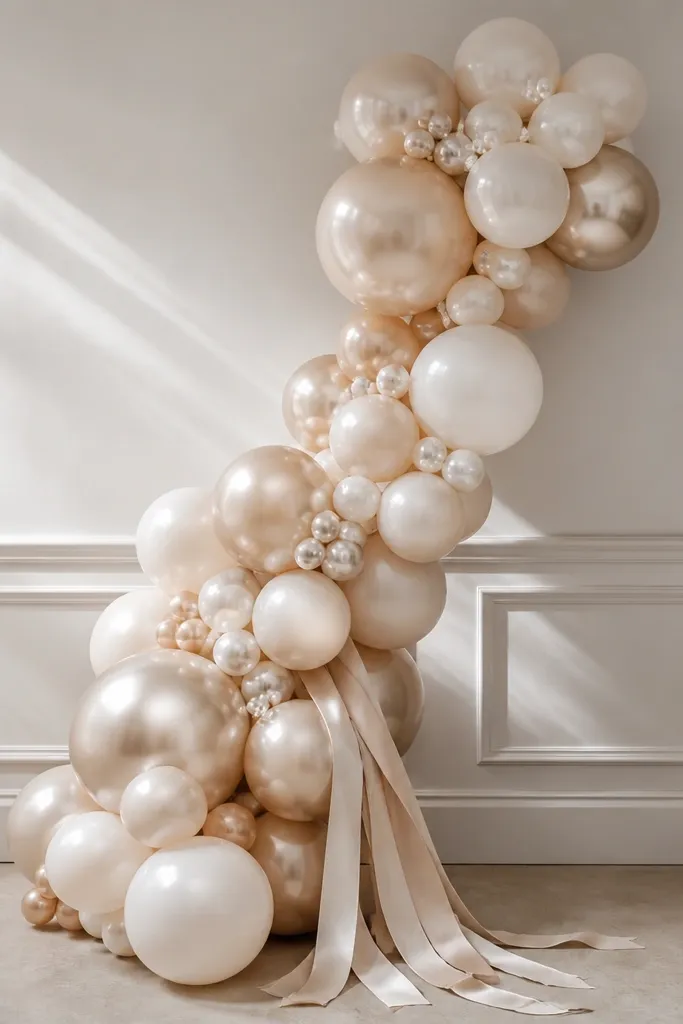 A balloon garland in soft champagne and warm white with tiny faux pearl clusters, finished with satin ribbon tails draped at the bottom on a neutral wall background.