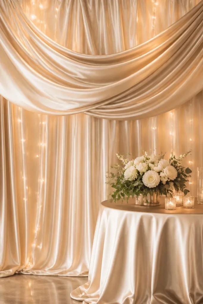 A shimmering champagne satin backdrop with soft draped swags and gentle folds, hung behind a small table setup, lit with warm string lights.