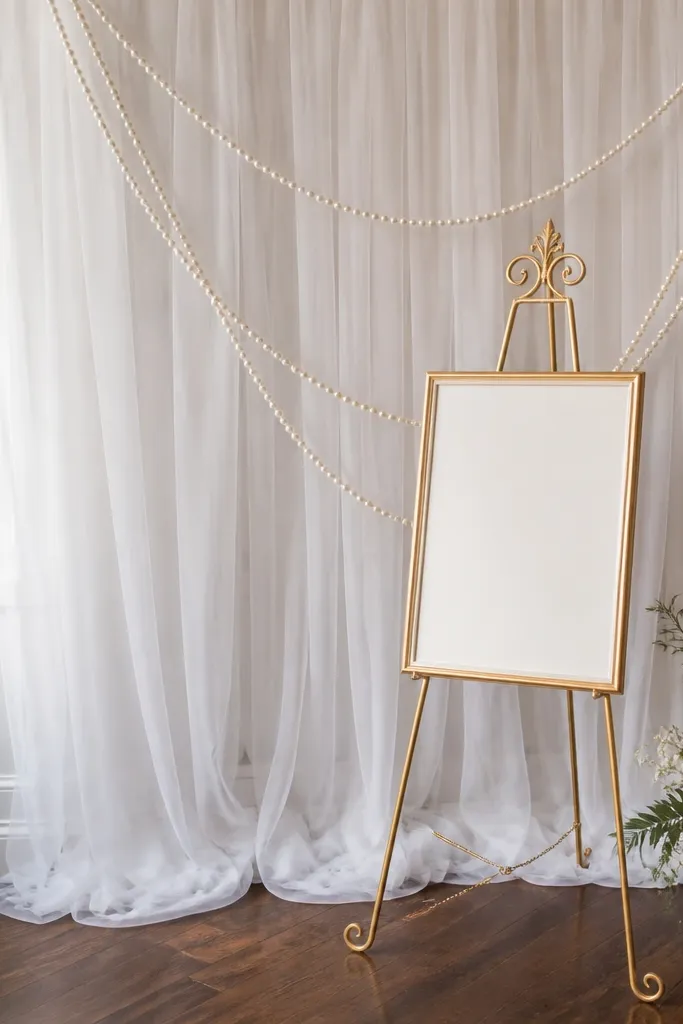 A corner setup with a white tulle curtain, a faux pearl garland looped across it, and a simple gold frame sign on an easel.