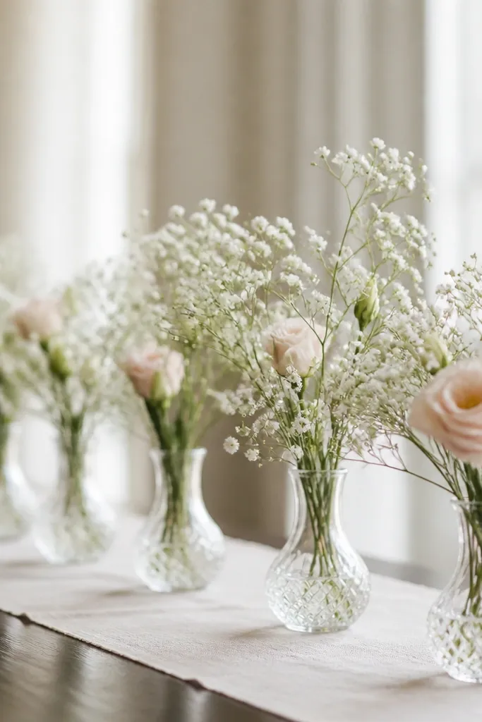 A row of small clear crystal bud vases filled with warm white baby’s breath and a few pale blush blooms, arranged along a long table runner.