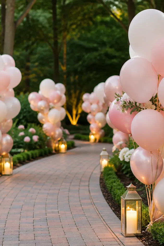 Balloon clusters placed along a walkway with warm white lanterns on the ground, creating a soft lit path for photos.