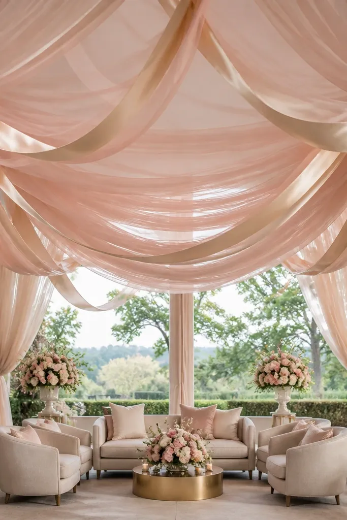 Overhead ceiling swags of blush tulle layered with champagne satin ribbon loops, tied at corners above a seating area.