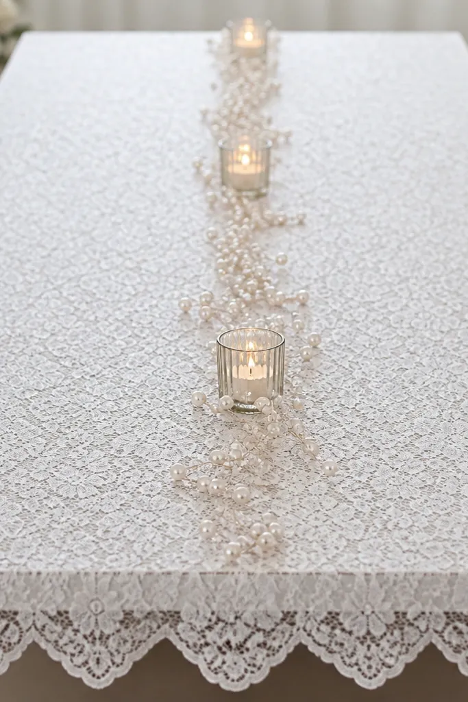 A lace tablecloth with scalloped edges, centered with a thin faux pearl garland running down the middle and small tea-light holders.
