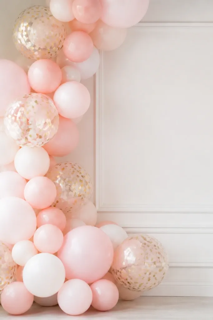 Blush balloon clusters with metallic gold confetti-filled balloons mixed in, arranged in a corner with a white backdrop and minimal signage.