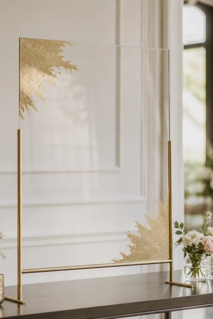 A clear acrylic welcome sign with elegant gold lettering on a gold metal stand, placed on a console table with small florals.