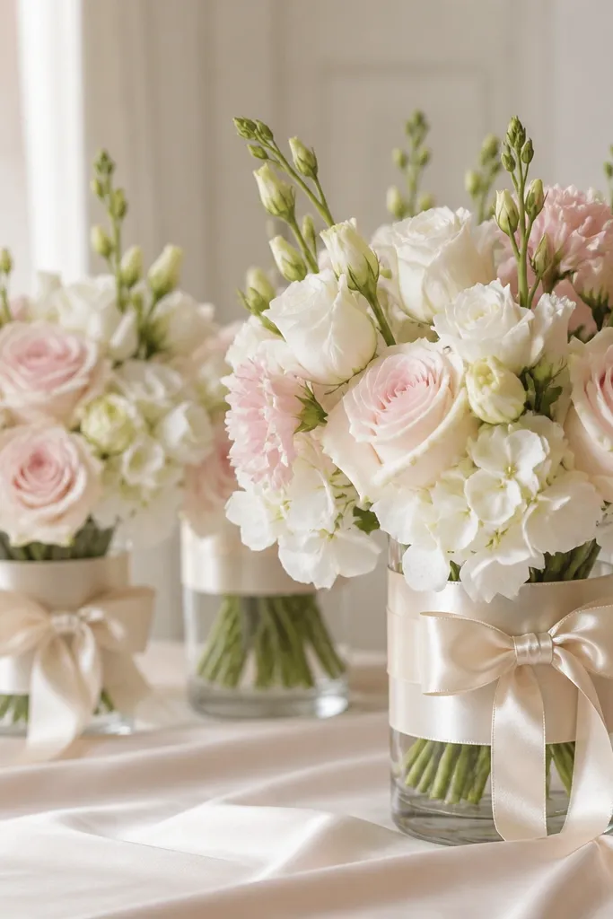 Clear glass vases wrapped with champagne satin ribbon, tied with bows, filled with pale blush and white stems.