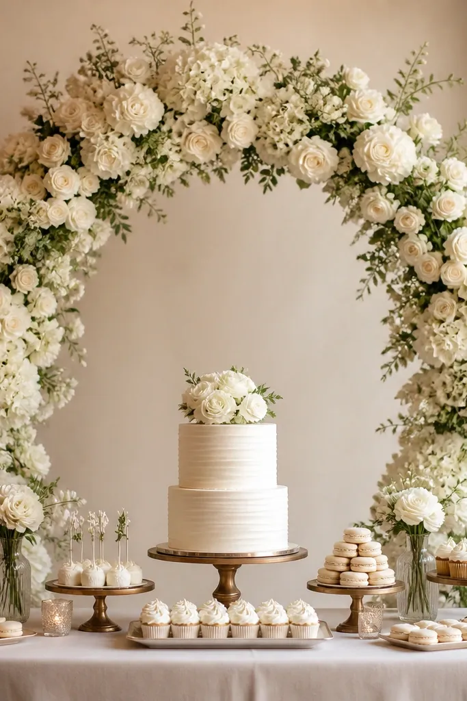 A simple floral arch made with warm white blooms and minimal greenery, set up behind a dessert table with soft lighting.