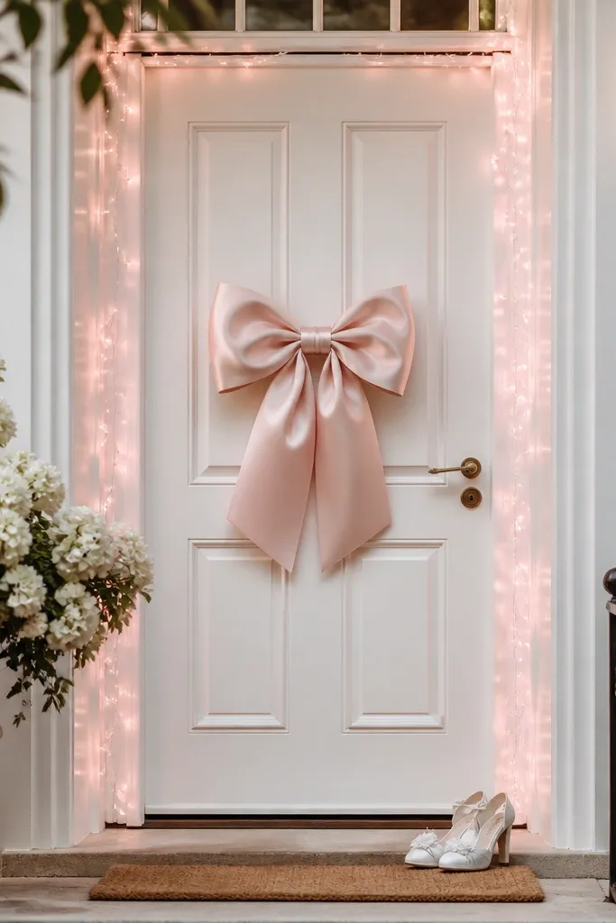 A white door with a large blush satin bow centered at eye level, plus a small pair of decorative white heels placed on the floor near the welcome mat; soft pink fairy lights outline the door frame.