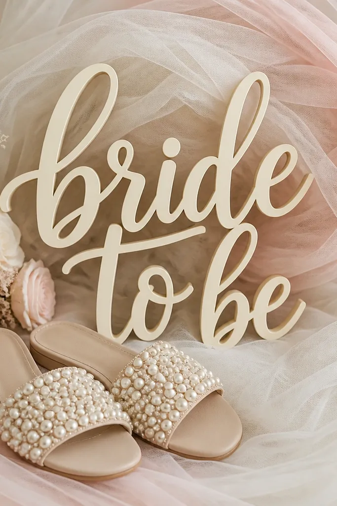 A tulle backdrop in cream and pale blush with a swirling drape behind a “bride to be” sign; a pair of pearl-studded slide sandals are laid in front like a styled platform.