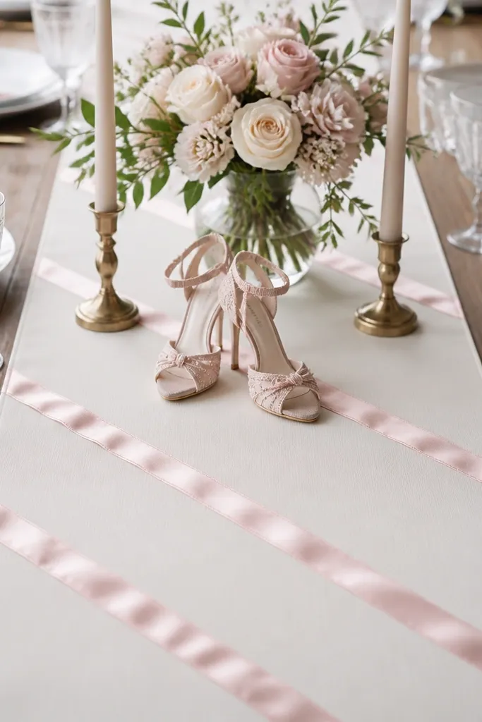 A long table runner in soft ivory with blush satin ribbon stitched into three diagonal sash lines; two tiny decorative heels sit at the runner’s center with a small bouquet and taper candles.
