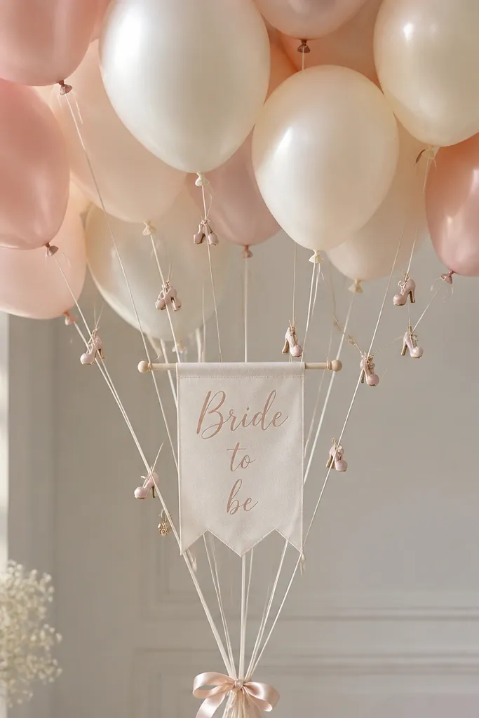 A cluster of blush and cream balloons tied at the base; small shoe-shaped charm clips are attached to the balloon strings, and a “Bride to be” banner hangs in the middle.
