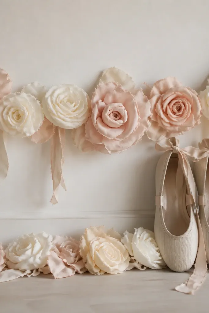 A garland of fabric roses in blush and cream across a wall; two ribbon-tied bridal flats are propped near the garland as if they’re part of the decoration.