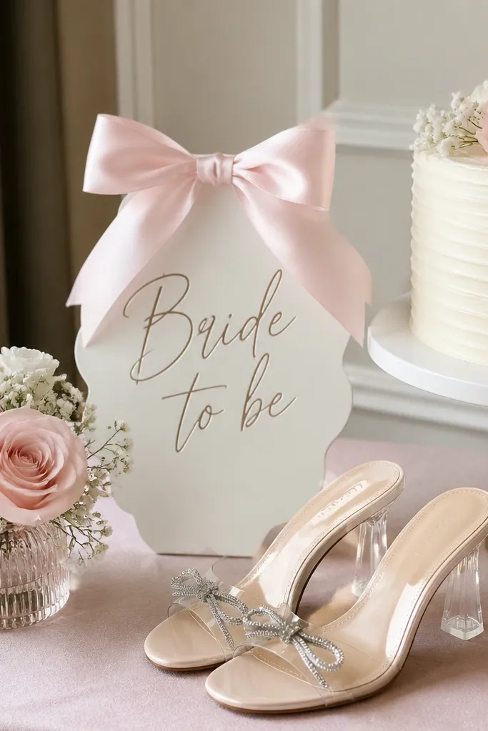 A cake table corner with a bow-topped “Bride to be” sign; clear-strap heels (decorative or styled) placed beside the cake stand; pink and white florals in a small arrangement.