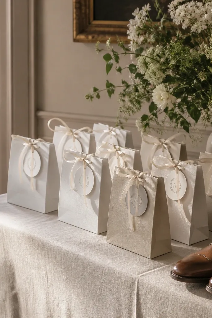 A gift table with small gift bags tied using thin ribbon loops; monogram-style tags hang from the loops, and a pair of lace-up shoes is set at the edge of the table.