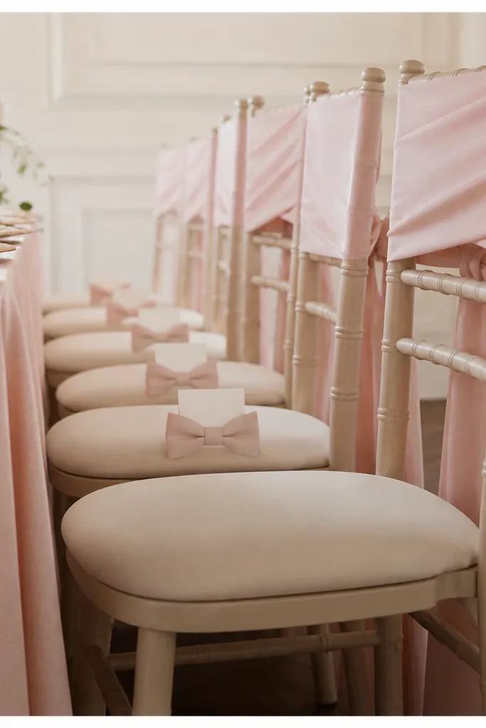 Dining chairs wrapped with blush chair sashes; each place setting has a small bow-tie flat placed upright on the seat, with a name card tucked into the bow.