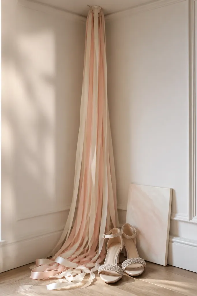 Thin ribbon streamers in blush and cream hang from a corner or ceiling hook; a pair of crystal-detail sandals is placed at the base, with a small “bride to be” sign leaned against the wall.