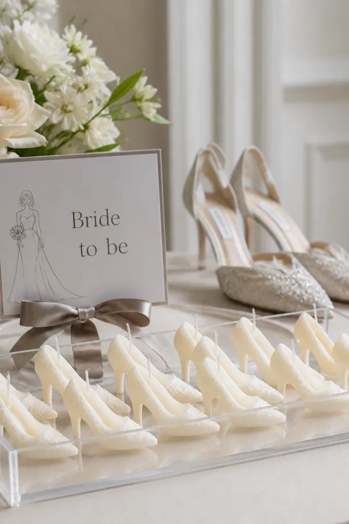 A clear acrylic tray on a welcome table with small candles arranged like shoe shapes; a “Bride to be” sign sits on a ribbon stand, and a pair of elegant Wedloria-style shoes is displayed behind it.