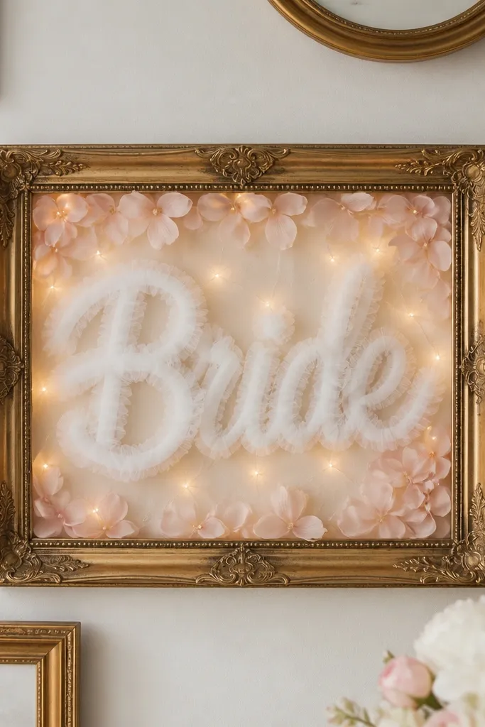 A small cluster of gold picture frames on a wall, one frame centered with the word “Bride” made from layered white tulle strips, soft blush faux petals around the edges, and warm fairy lights in the background.